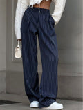 Women's Wide Leg Trousers - High-Waist Pinstripe Pleated Palazzo Trousers - Navy Blue 0