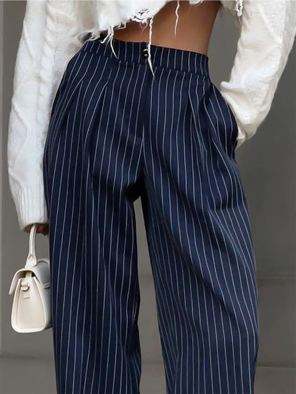 Women's Wide Leg Trousers - High-Waist Pinstripe Pleated Palazzo Trousers - Navy Blue 1