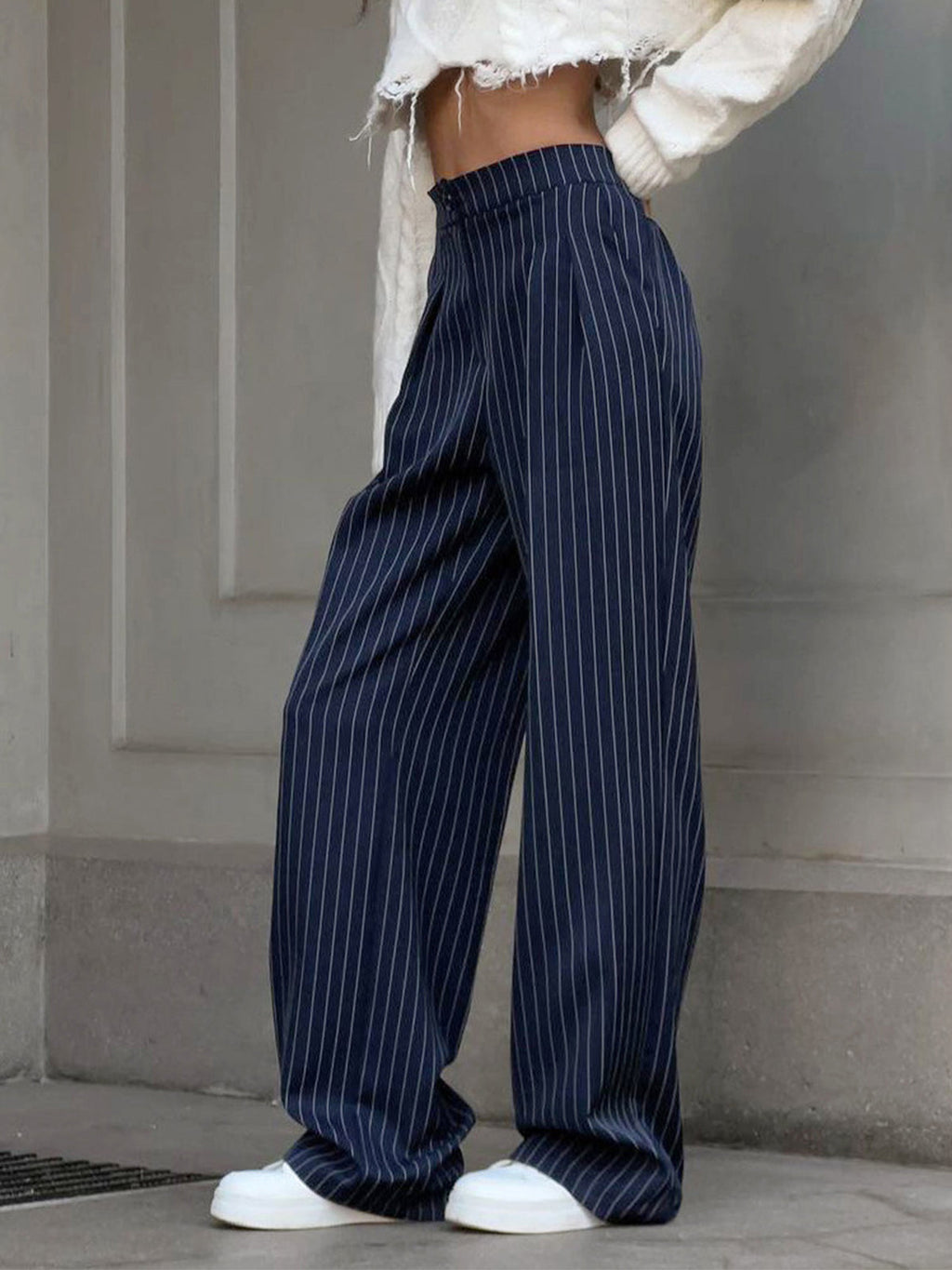 Women's Wide Leg Trousers - High-Waist Pinstripe Pleated Palazzo Trousers - Navy Blue 2