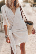 Women’s Wrap Linen Mini Dress – Asymmetrical Hem and Adjustable Fit for Summer 0